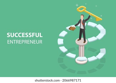 3D Isometric Flat Vector Conceptual Illustration of Successful Entrepreneur, Achieving Business Goals