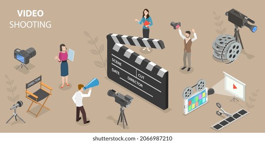 3D Isometric Flat Vector Conceptual Illustration of Video Shooting, Movie Making Process