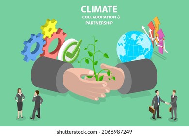 Isométrico Vector Plano 3D Ilustración conceptual de la colaboración y asociación climáticas, rendimiento de sostenibilidad empresarial