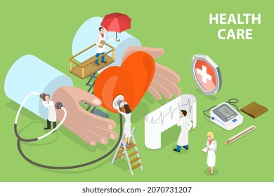 3D Isometric Flat Vector Conceptual Illustration of Healthcare, Maintenance or Improvement of health via the Prevention, Diagnosis and Treatment