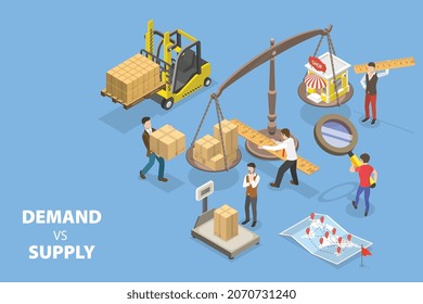 3D Isometric Flat Vector Conceptual Illustration Of Demand Vs Supply, Main Model Of Price Determination Used In Economic Theory