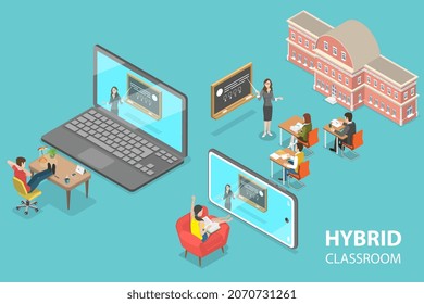 3D Isometric Flat Vector Conceptual Illustration of Hybrid Classroom, Synchronous Virtual Learning