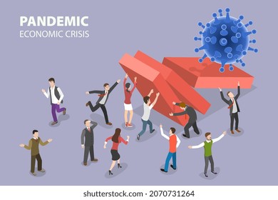 3D Isometrisches flaches Vektordesign, Conceptual Illustration of Pandemic Economic Crisis, COVID-19 Global Impact