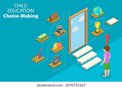 3D Isometric Flat Vector Conceptual Illustration of Child Educatioin Choice-Making, Thoughtful Schoolboy Choosing a Future Profession