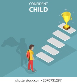 3D Isometric Flat Vector Conceptual Illustration of Confident Child, Teenager with Superhero Shadow in front of Future Life Steps