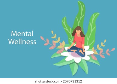 3D Isometric Flat Vector Conceptual Illustration of Mental Wellness, Meditation and Spiritual Therapy