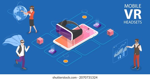 3D Isometric Flat Vector Conceptual Illustration of Mobile VR Headsets, Virtual Augmented Reality Glasses
