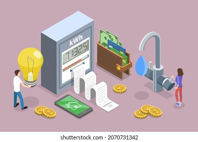 3D Isometric Flat Vector Conceptual Illustration of Water And Electricity Consumption Expenses, Household Utilities