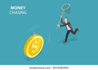 3D Isometric Flat Vector Conceptual Illustration of Money Chasing, Business Opportunities and Financial Success