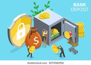 Isometric Flat Vector Conceptual Isométrico Ilustración del depósito bancario, la banca y el ahorro de dinero