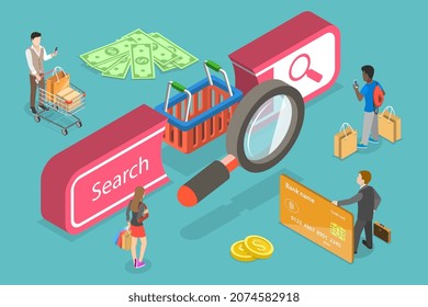 3D Isometric Flat Vector Conceptual Illustration of Shopping Online, E-commerce and Search Engine Optimization