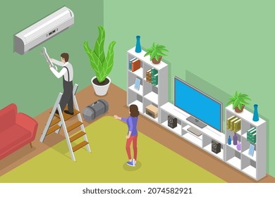 3D Isometric Flat Vector Conceptual Illustration of HVAC Repair Service, Professional Worker Repairman In Uniform is Fixing an AC