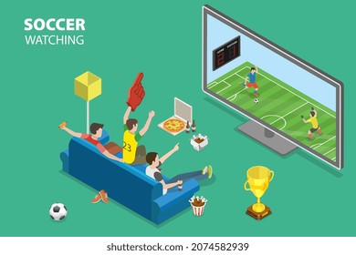 3D Isometric Flat Vector Conceptual Illustration Of Soccer Watching, Football Fans Watch Game Match On TV