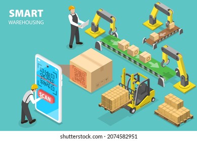 3D Isometric Flat Vector Conceptual Illustration of Smart Warehousing, Automated Packaging and Distribution System