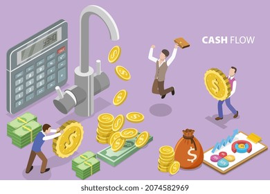 3D Isometric Flat Vector Conceptual Illustration of Cash Flow, Money Streaming From Faucet