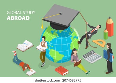 3D Isometric Flat Vector Conceptual Illustration of Global Study Abroad, International Student Exchange Program