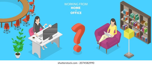 3D Isometric Flat Vector Conceptual Illustration Of Working From Home Vs. Office