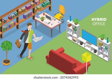 3D Isometric Flat Vector Conceptual Illustration Of Hybrid Office, Teleworking And Online Distributed Team