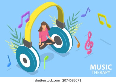 3D Isometric Flat Vector Conceptual Illustration of Music Therapy, Meditating Young Woman hört Musik