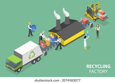 3D Isometric Flat Vector Conceptual Illustration of Recycling Factory, Reducing Pollution and Saving Planet with New Recycling Technologies