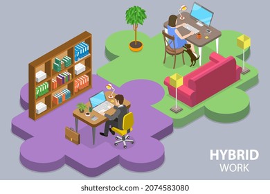 3D Isometric Flat Vector Conceptual Illustration of Hybrid Team, Remote Work From Home, Distant Online Job Opportunites