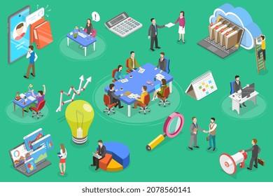 3D Isometric Flat Vector Conceptual Illustration of Office Working Environment, Teamwork and Collaboration