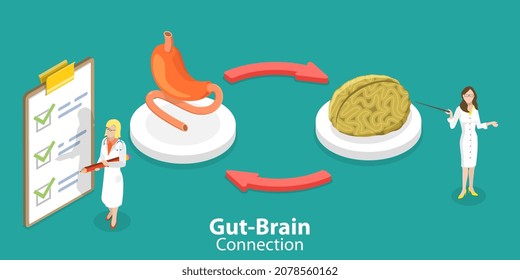 3D Isometric Flat Vector Conceptual Illustration of Gut Brain Connection, Emotion Balance for Bowel Health