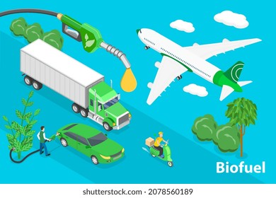 Vector plano isométrico 3D Ilustración conceptual de la industria de los biocombustibles, combustible alternativo respetuoso con el medio ambiente