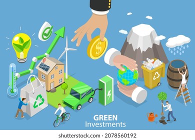 3D Isometric Flat Vector Conceptual Illustration of Green Investments, Alternative and Ecological Clean Power