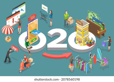 3D-Isometrisches Flachbild-Vektorgrafik, konzeptionelle Illustration des O2O-Handels, Online-to-Offline-Geschäftsstrategie