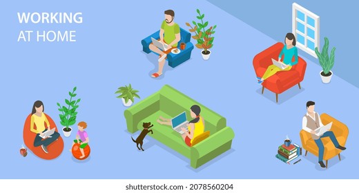 3D Isometric Flat Vector Conceptual Illustration of Working At Home, Domestic Freelance Workers in Comfortable Conditions