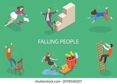 3D Isometric Flat Vector Conceptual Illustration of Falling Down People, Set of Traumatic Accidents