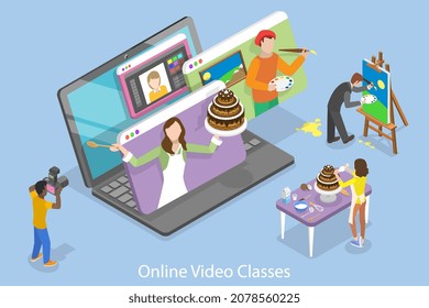 3D Isometric Flat Vector Conceptual Illustration of Online Video Classes, Professional Personal Teacher Service