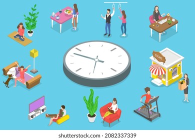 3D Isometric Flat Vector Conceptual Illustration of Female Daily Routine, Waking up, Doing Yoga, Breakfast, Public Transport, Working, Buying Grocery, Book Reading, Movie Watching