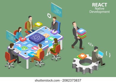 Isometric Vector plano 3D Ilustración conceptual de React Native Development, Mobile App Creating