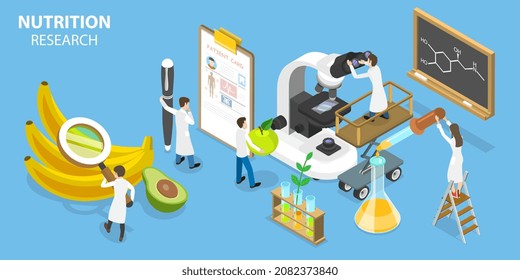 Isométrico Vector Plano 3D Ilustración conceptual de la investigación nutricional, alimentos genéticamente modificados