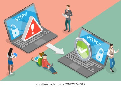 3D Isometric Flat Vector Conceptual Illustration of HTTP Vs HTTPS Protocol, Safe SSL Sertificate Encryption