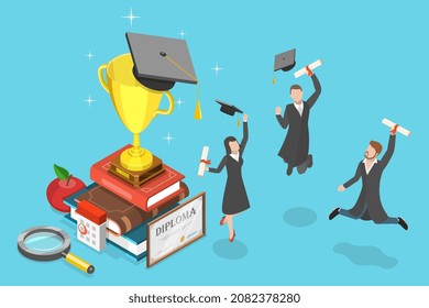 3D Isometric Flat Vector Conceptual Illustration of Graduation, Group of Happy Graduated Students