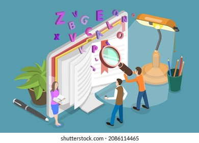 3D Isometric Flat Vector Conceptual Illustration of Online Vocabulary, Literature Reading