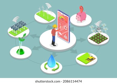 3D Isometric Flat Vector Conceptual Illustration of Smart Agriculture, Innovative Technologies and Aricultural Automation