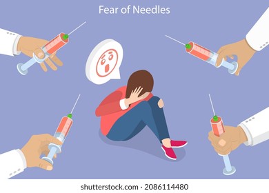 3D Isometric Flat Vector Conceptual Illustration of Fear Of Needles, Patient is Afraid of Injection and Syringe