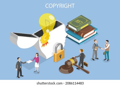 3D Isometric Flat Vector Conceptual Illustration of Copyright and Intellectual Property, Protecting Rights for Authorship