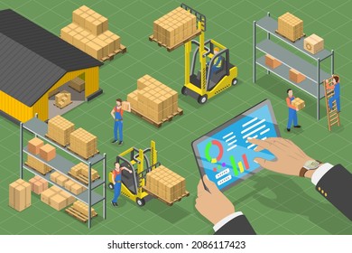 3D Isometric Flat Vector Conceptual Illustration of Warehouse Management Software , Automation in Logistics