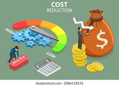 3D Isometric Flat Vector Conceptual Illustration of Cost Reduction, Price Minimising, Falling Rate of Profit