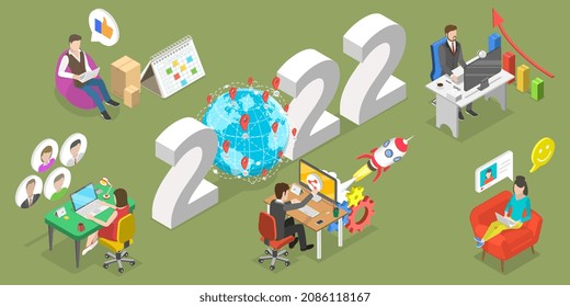 3D Isometric Flat Vector Conceptual Illustration of New Year And IT Outsourcing Trends, Company Remote Management