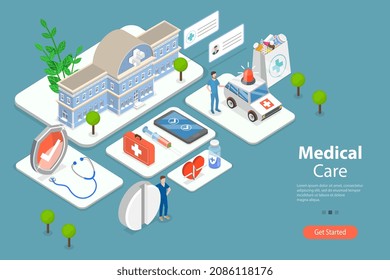 3D Isometric Flat Vector Conceptual Illustration Of Hospital Facilities And Services, Medicine And Healthcare