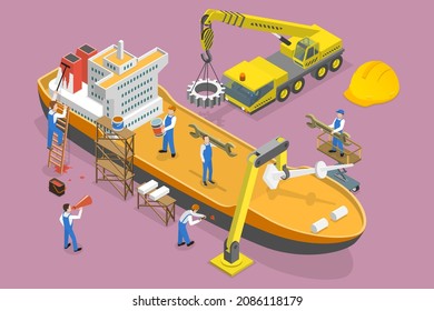 3D Isometric Flat Vector Conceptual Illustration of Shipbuilding, Nautical Vessel Repair and Maintenance