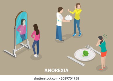 3D Isometric Flat Vector Conceptual Illustration of Anorexia Nervosa, Mental Eating Disorder, Eating Refusal