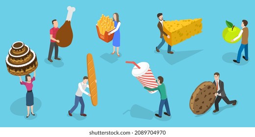 3D Isometric Flat Vector Conceptual Illustration of People With Food, Tiny Characters with Large Snacks