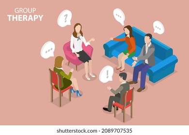 3D Isometric Flat Vector Conceptual Illustration of Group Therapy, Psychotherapeutic Meeting and Psychological Aid